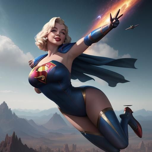 Marilyn Monroe as Supergirl flying, a detailed matte painting with deep, fantastical colors and intricate details. It se...