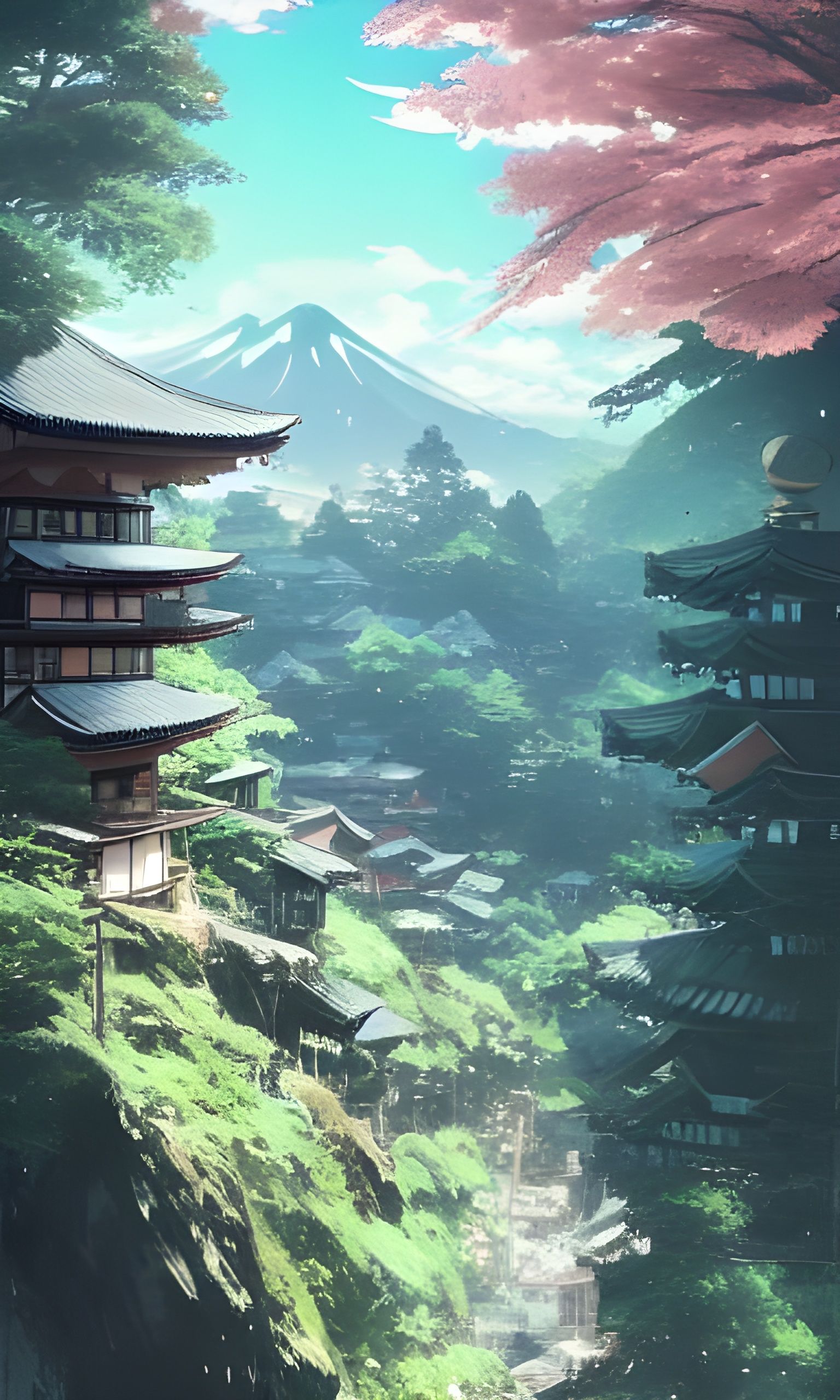 Studio Ghibli-Style Japanese City on Cliffside Mountain