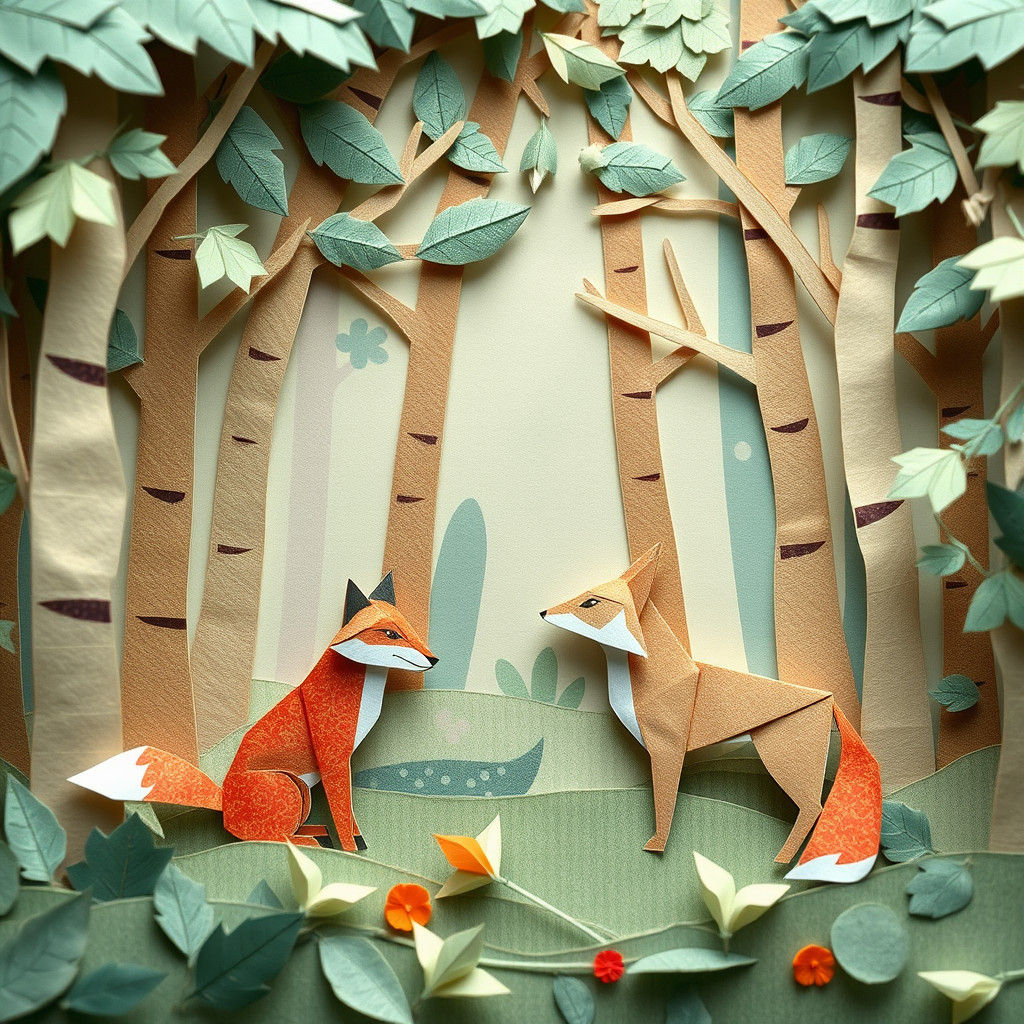 Origami Fox and Hound in Forest Scene