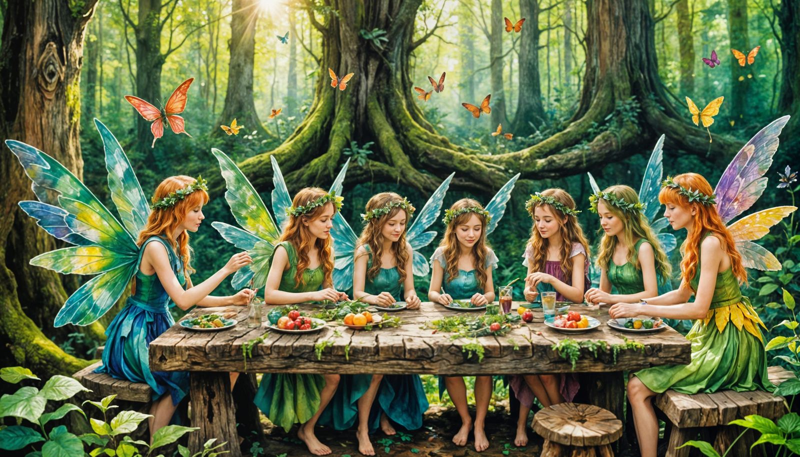 Vibrant Watercolor Fairies Gather in Enchanted Forest