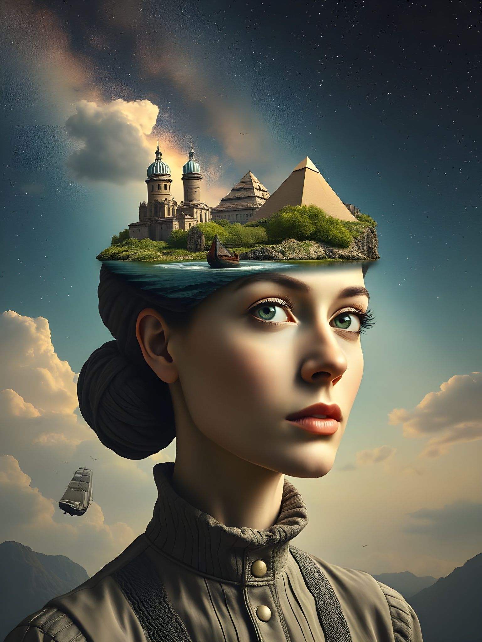 Surrealistische Frau mit Landschaft auf Kopf in Architektoni...