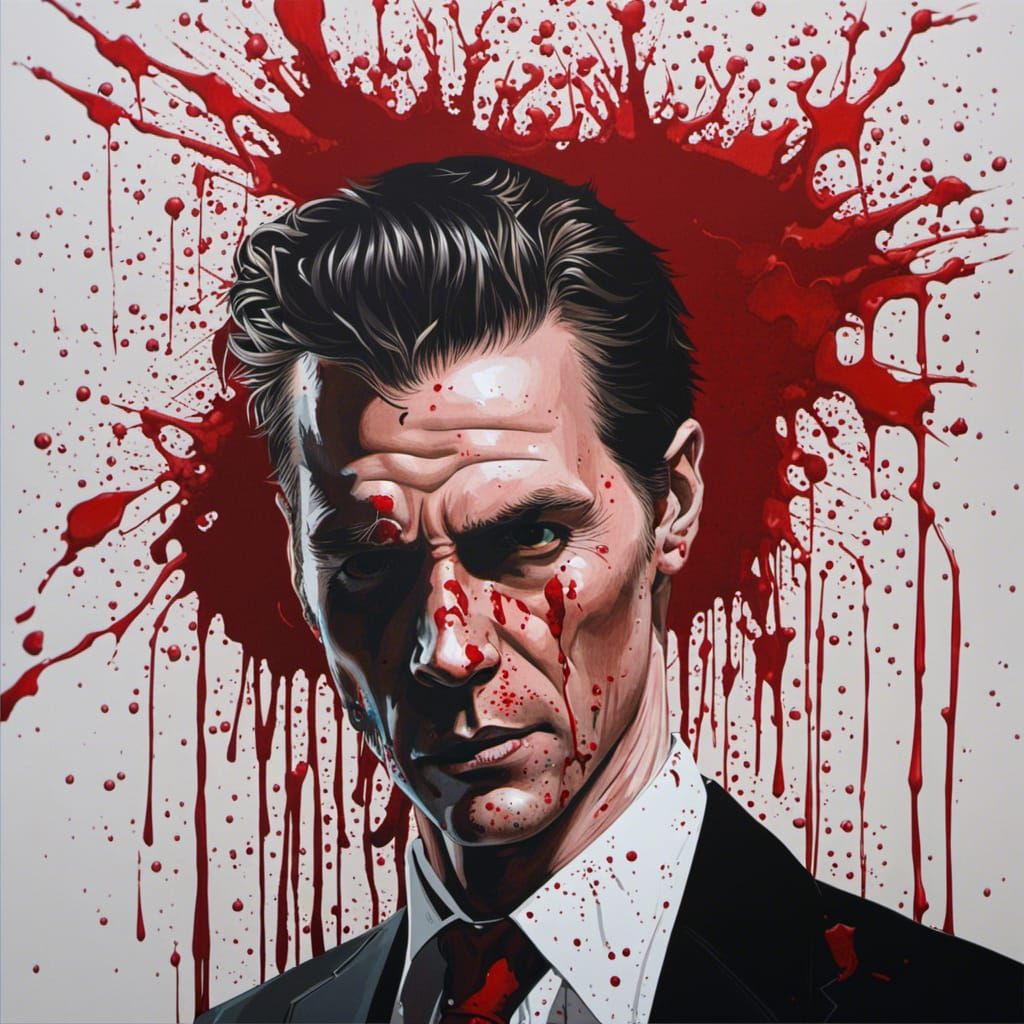Blood-Splattered Patrick Bateman Portrait in Rockwell Style