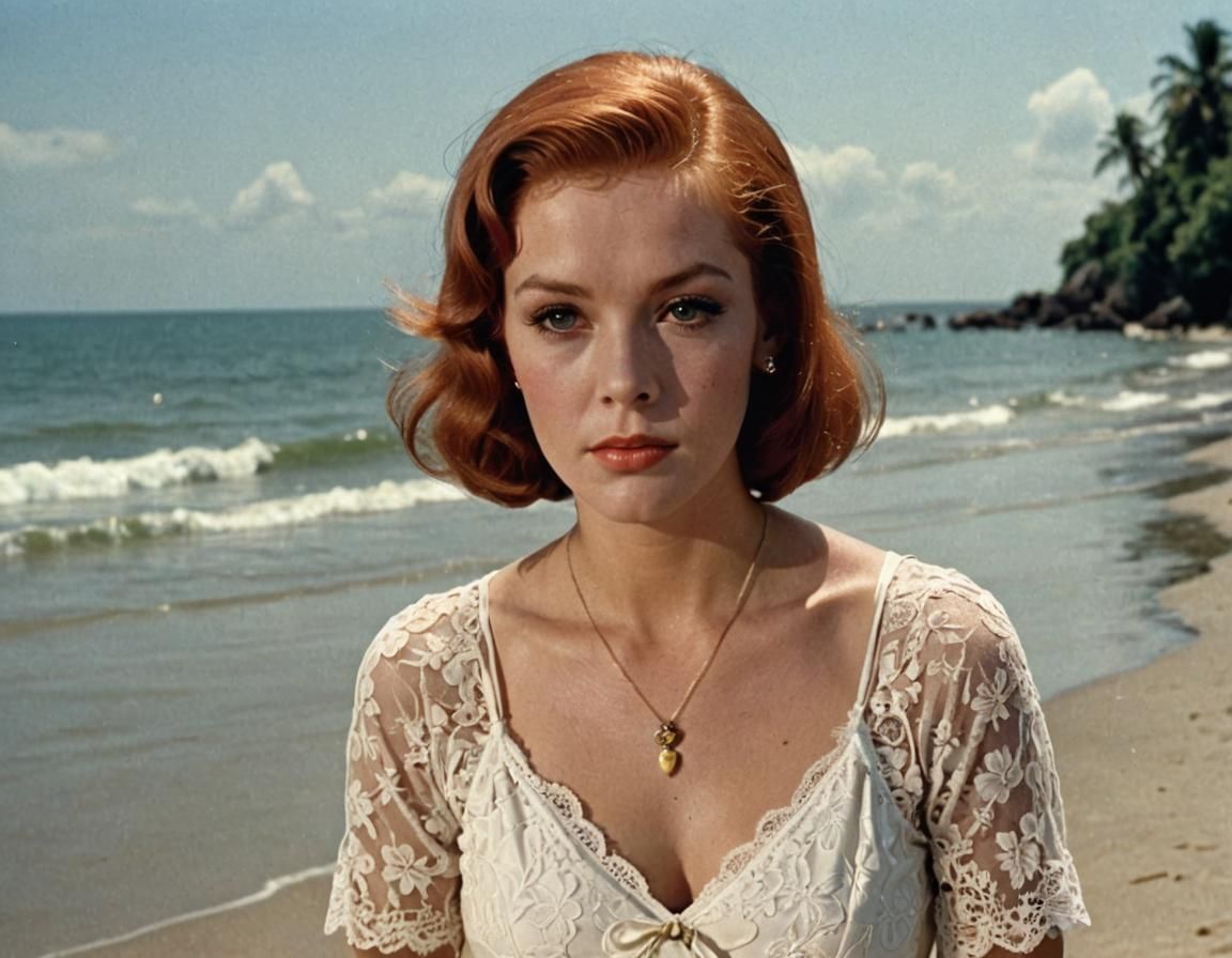 Young Woman on Tropical Beach, Painted Style