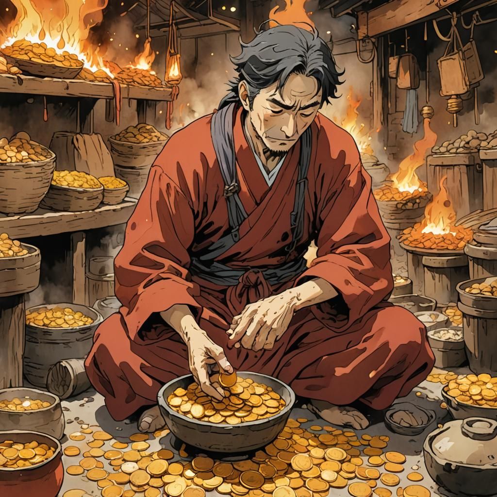 Fantasy Peasant with Burning Gold: Whimsical Storybook Art