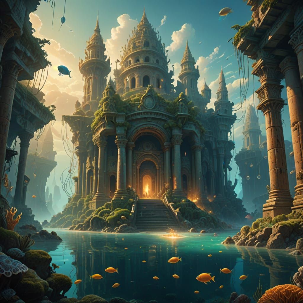 Ethereal Atlantis Cityscape in Dreamlike, Surreal Style