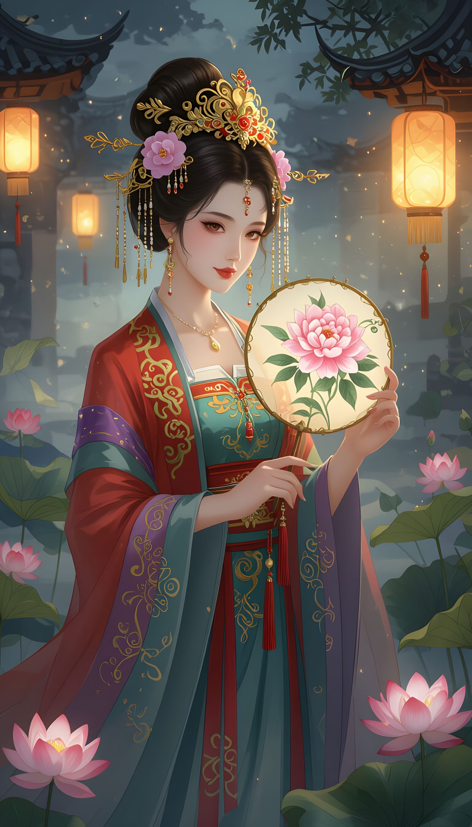 Graceful Chinese Woman with Lanterns in Watercolor