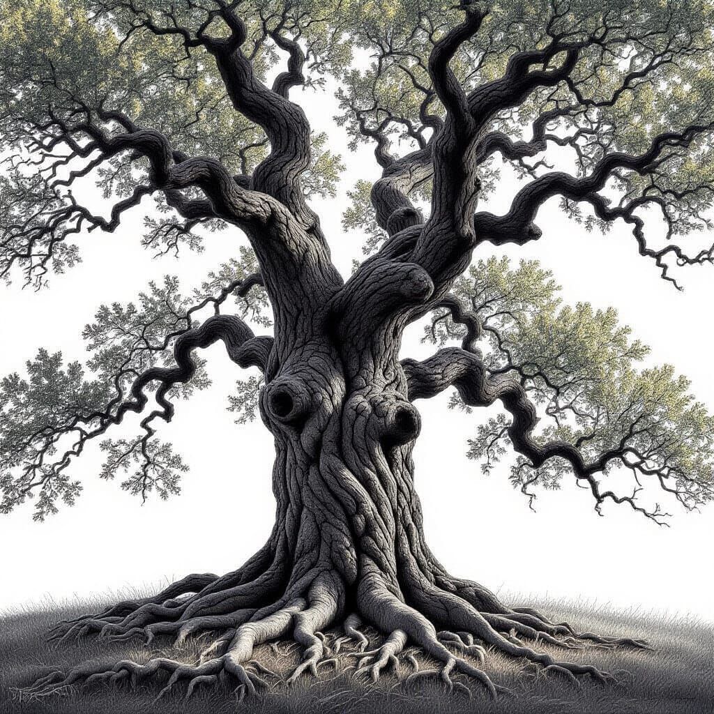 Detailed Graphite Drawing of an Ancient Oak Tree