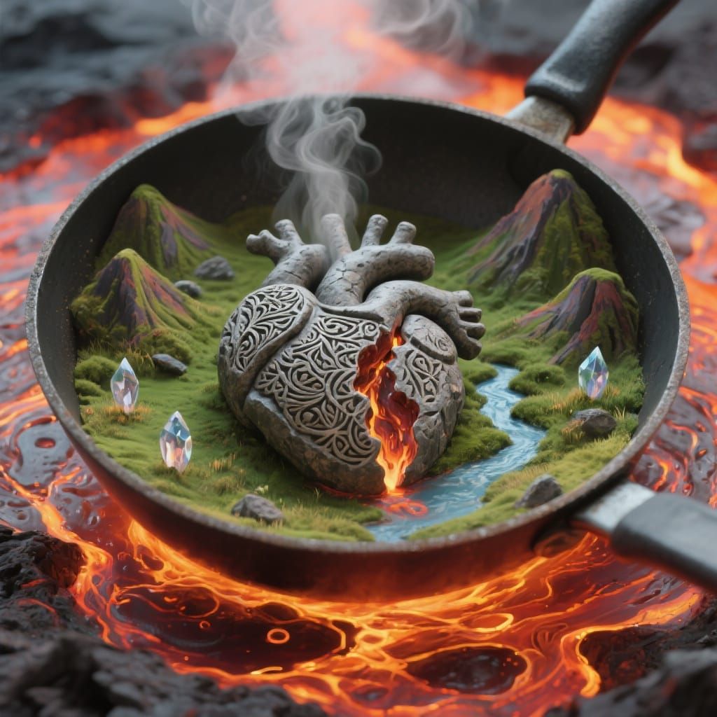 Anatomical Heart Landscape in Frying Pan as Spray Paint Art