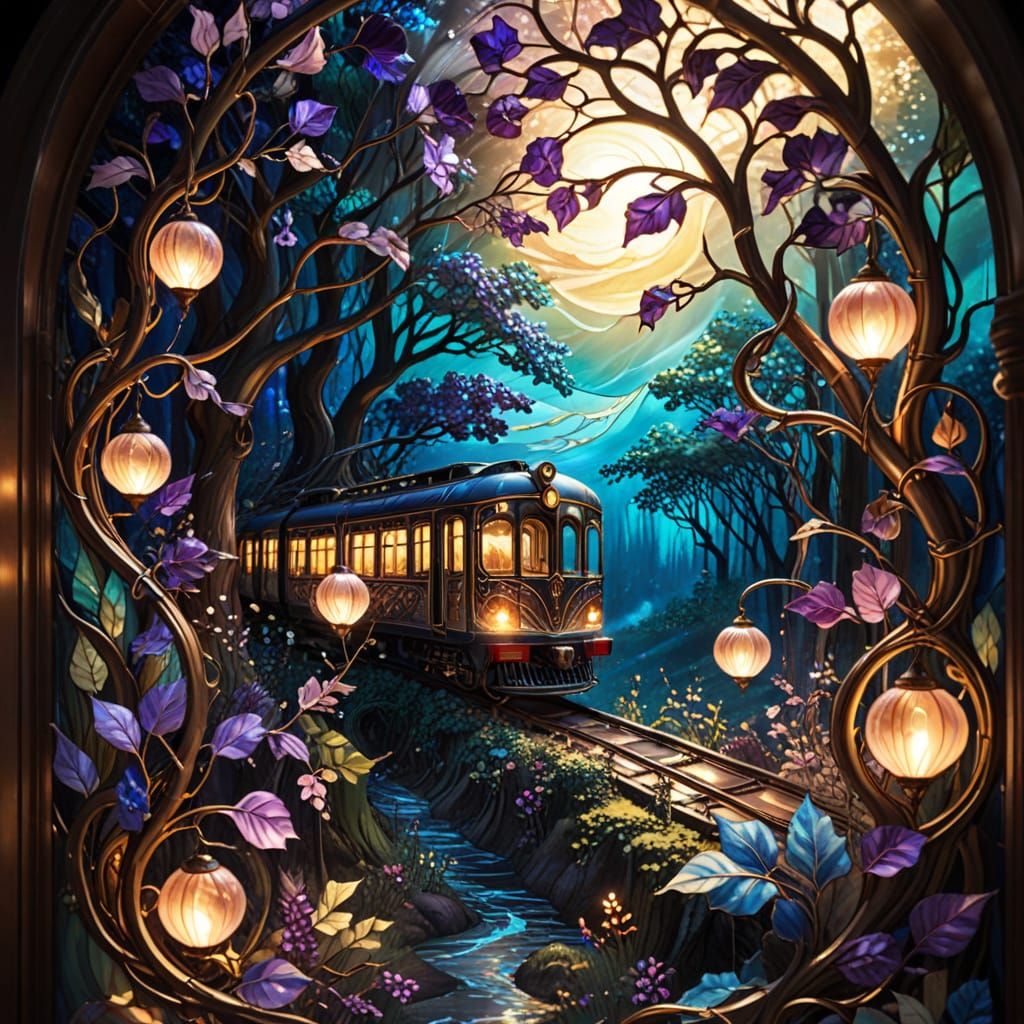 Ethereal Art Nouveau Train in Iridescent Stained Glass