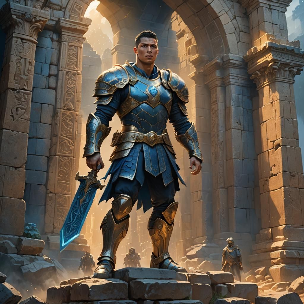 Cristiano Ronaldo as Armored Warrior on Ancient Ruins