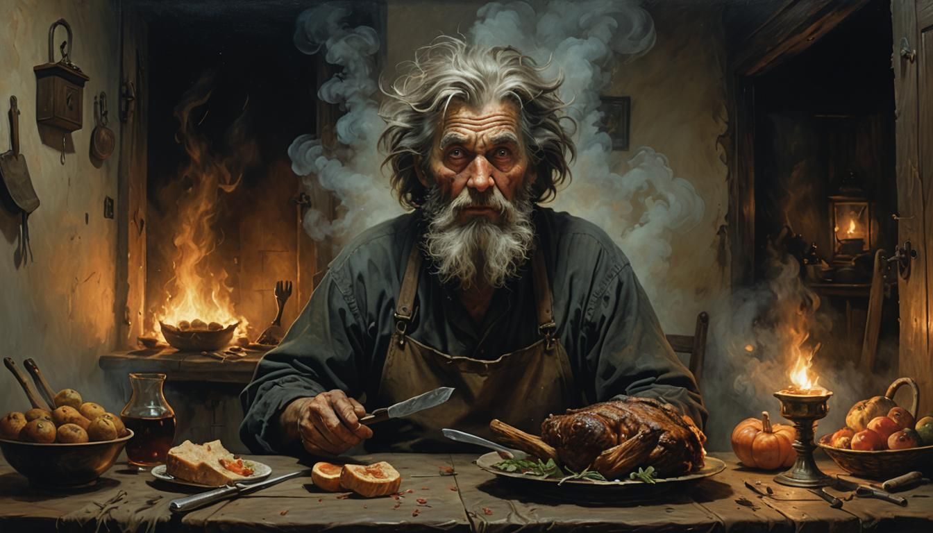 Dark Surrealism: Feast Interrupted by Old Woman