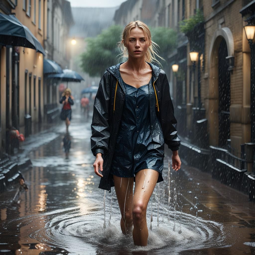 Wet Woman in Rain, Hyperrealistic Cinematic Portrait