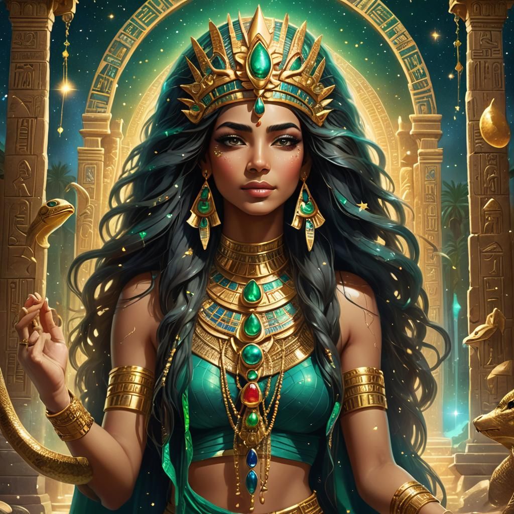 Egyptian Goddess in Emerald Temple with Lotus Flowers