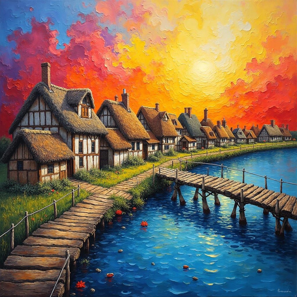 Village Submerged in Swirling Impasto Oil Paint