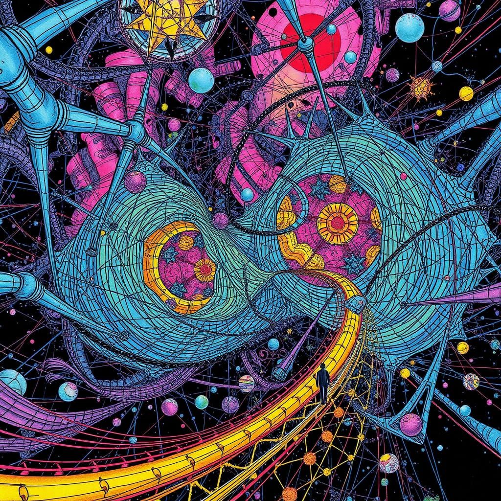 Surreal Capitalist Realism Ink Drawing with Psychedelic Colo...