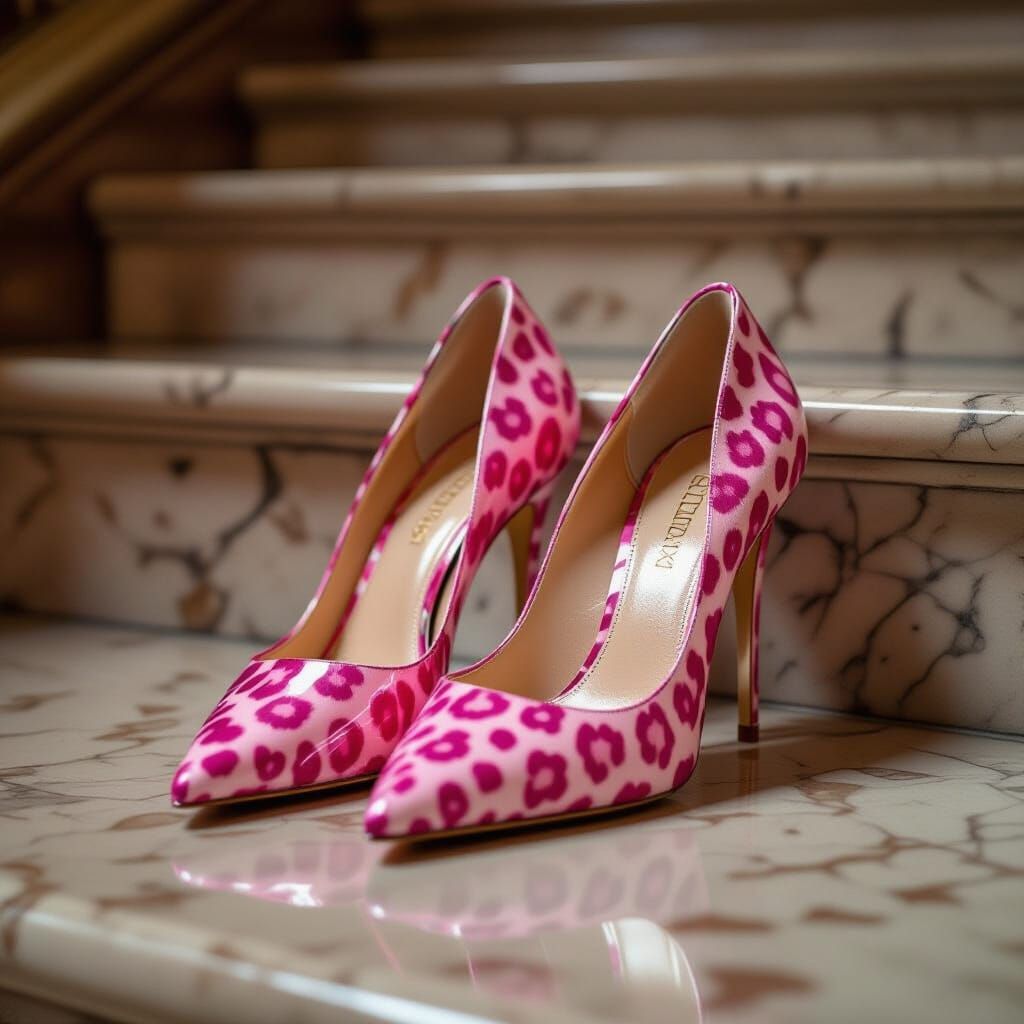 Pink Leopard Print Glass Slippers Discarded on Grand Stairca...