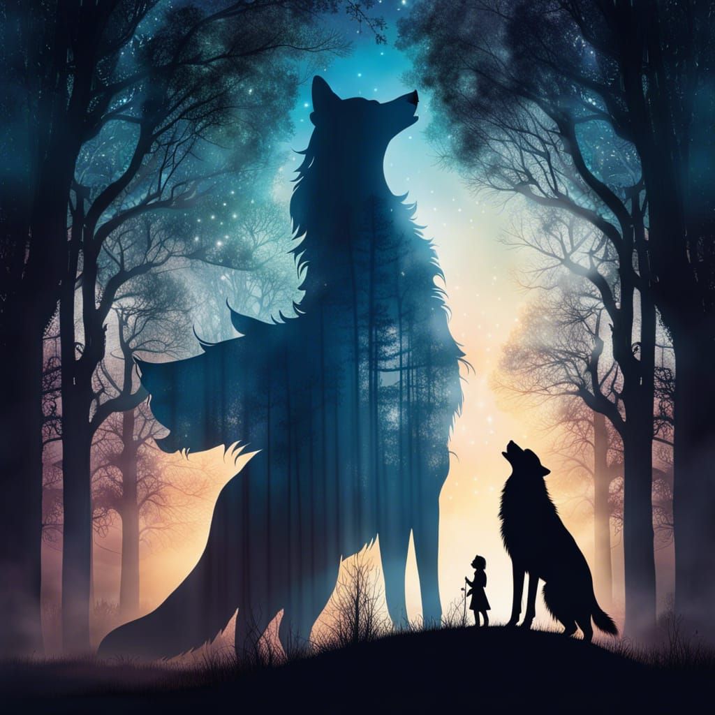 Fairytale Queen and Wolf in Double Exposure Art