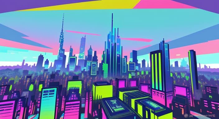 Futuristic Cityscape in Abstract Expressionist Pixel Art