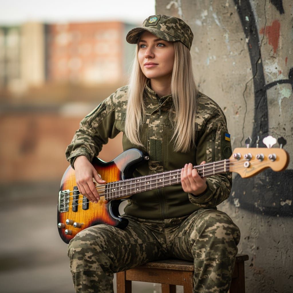 Ukrainian Woman With Sunburst Bass Guitar