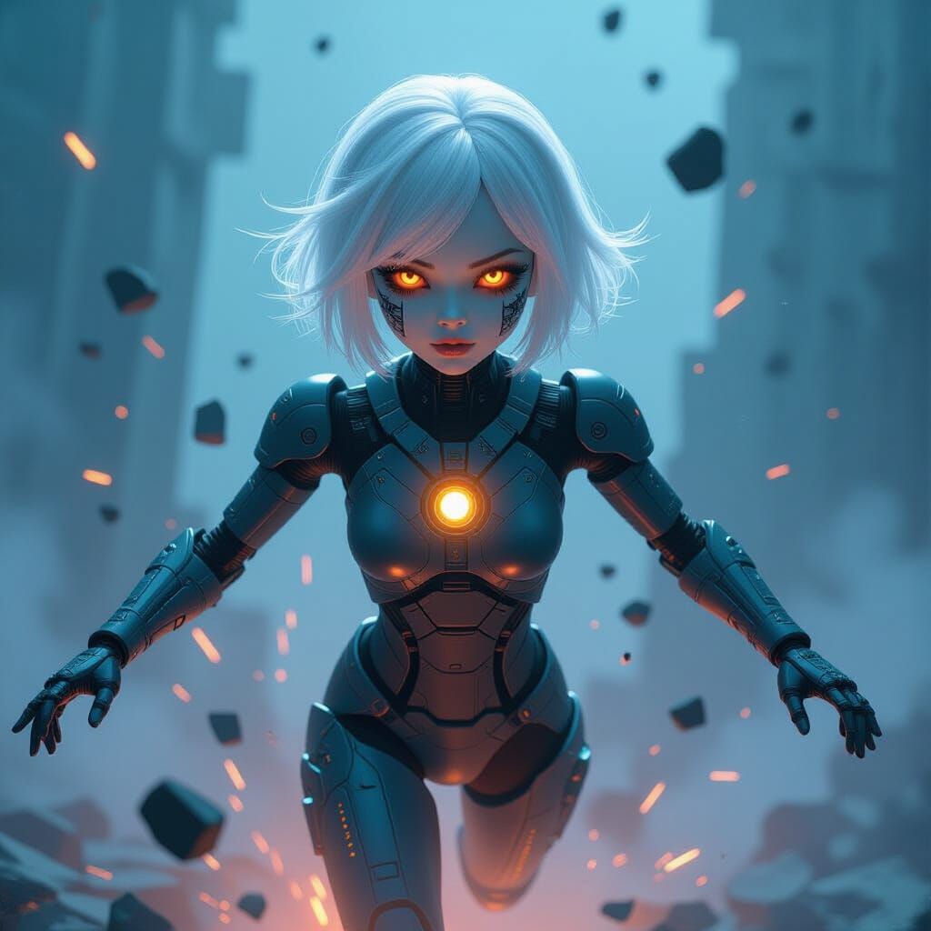 Cyberpunk Doll Girl Leaping Through Holograms