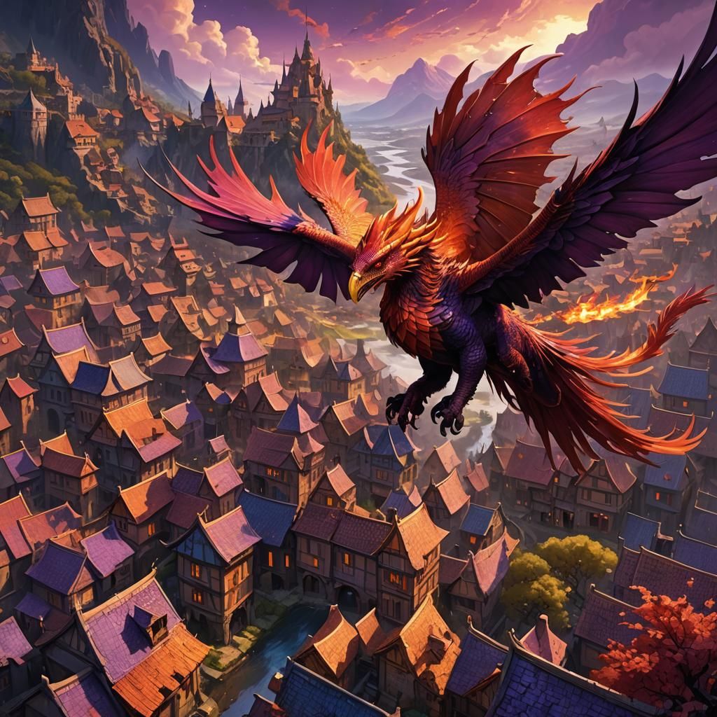 Red Phoenix-Dragon Over Village: Dark Fantasy Concept Art
