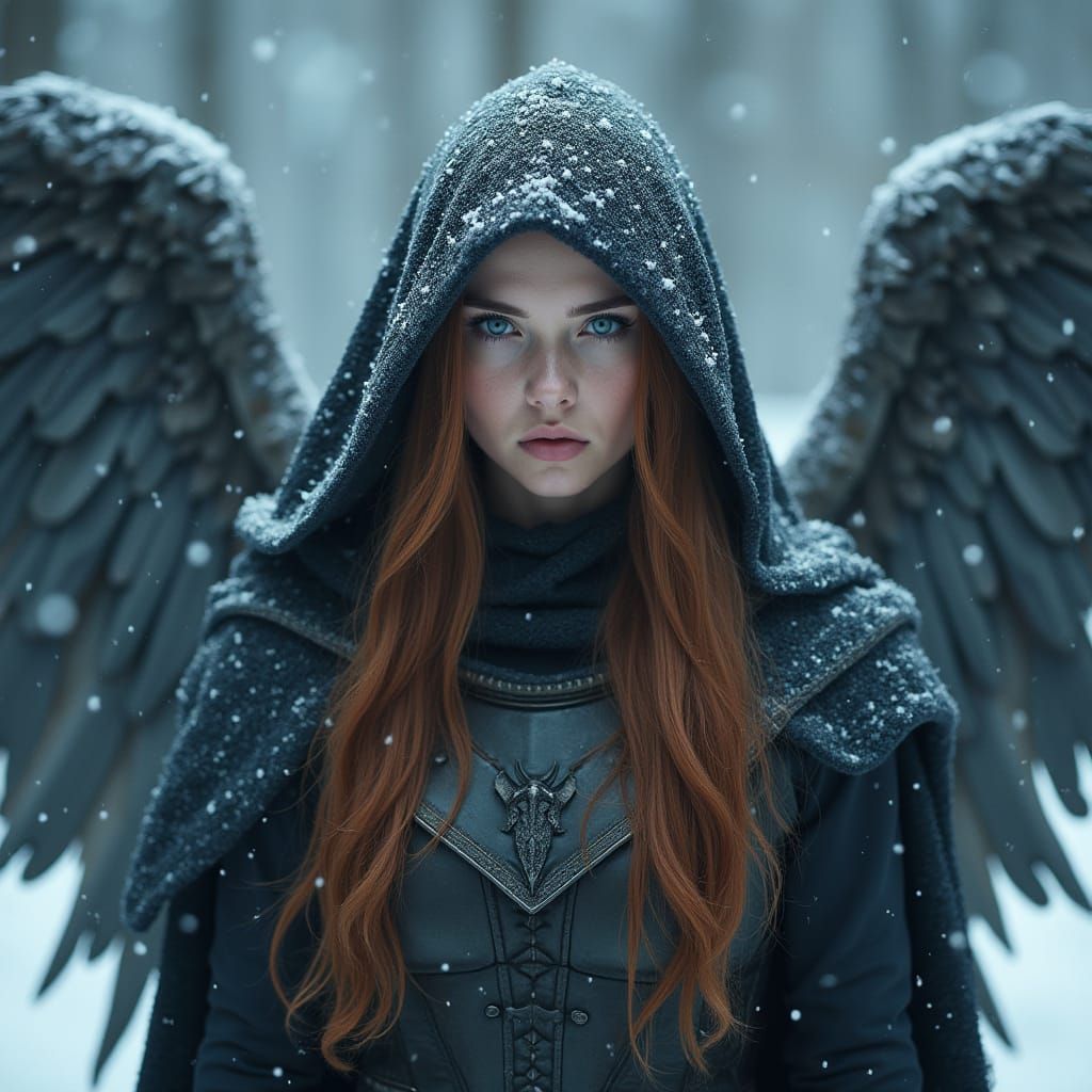 Female Warrior Angel in Snowy Forest, Photorealistic