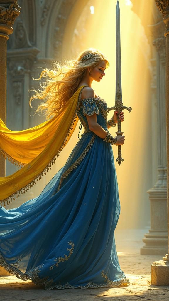 Regal Woman with Sword in Sunlight