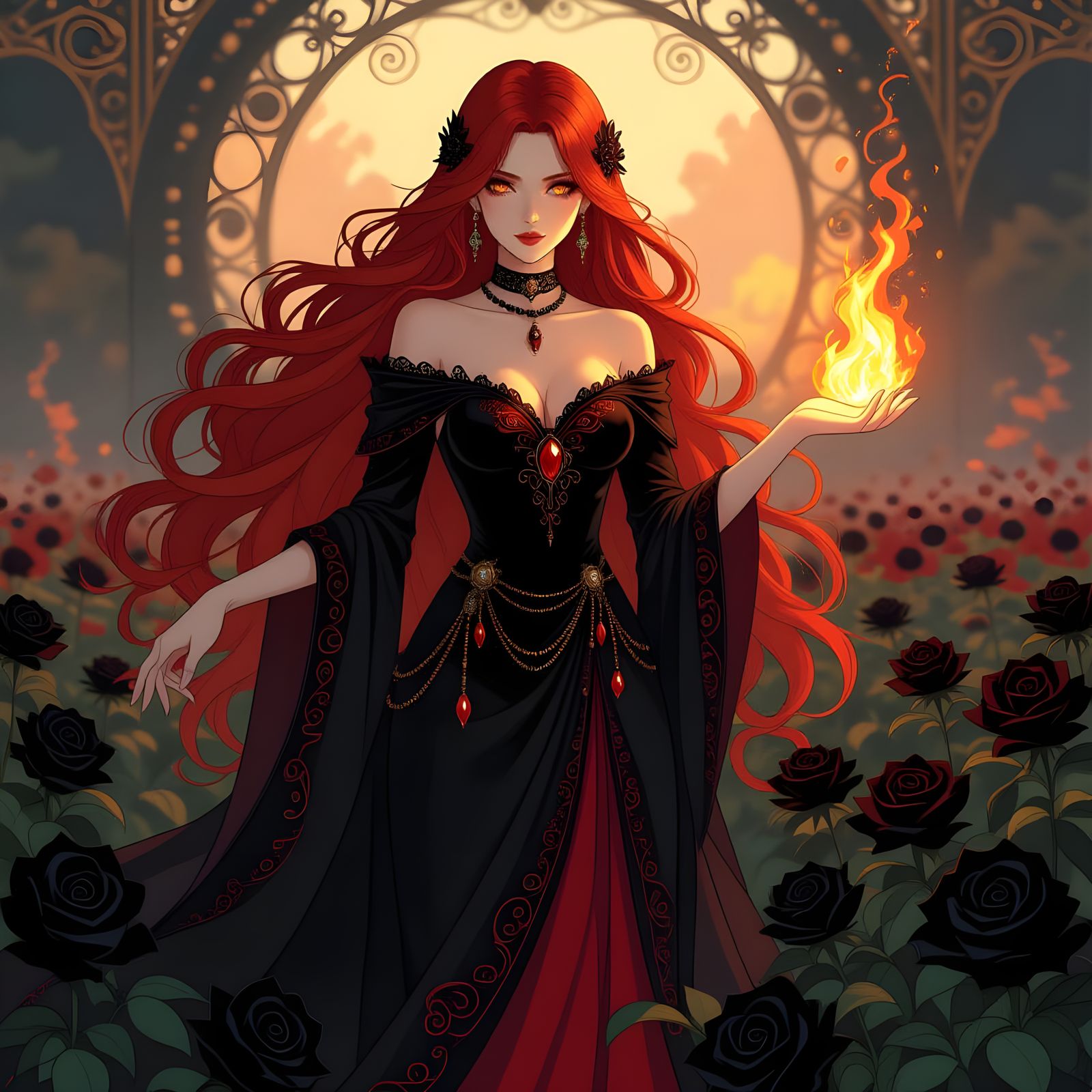 Beautiful Fire Mage in Art Nouveau Style