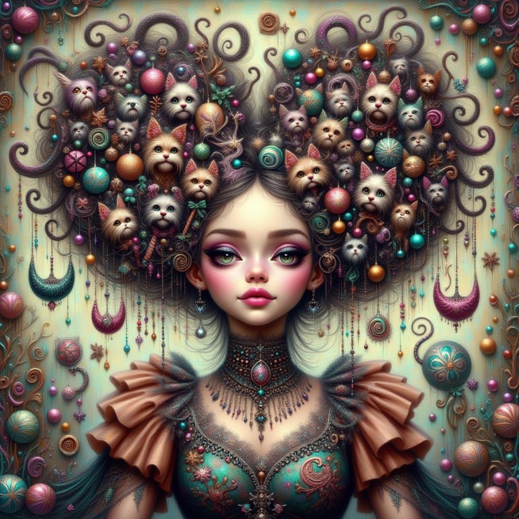 Whimsical Witch with Cat-Adorned Hair Facing Viewer