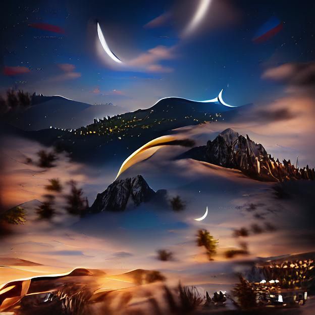 Crescent Moon Over Mountains: Hyperrealistic Concept Art