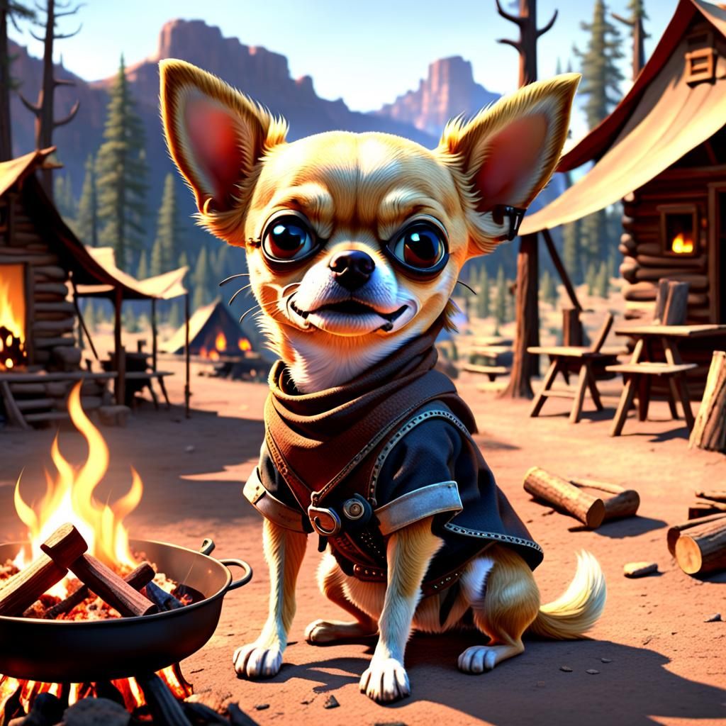 Chihuahua Bandit at Campfire in Old West, 3D Render