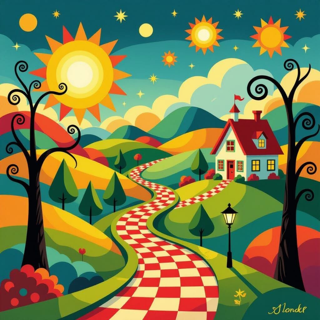 Whimsical Twilight Landscape with Surreal Hills and Path