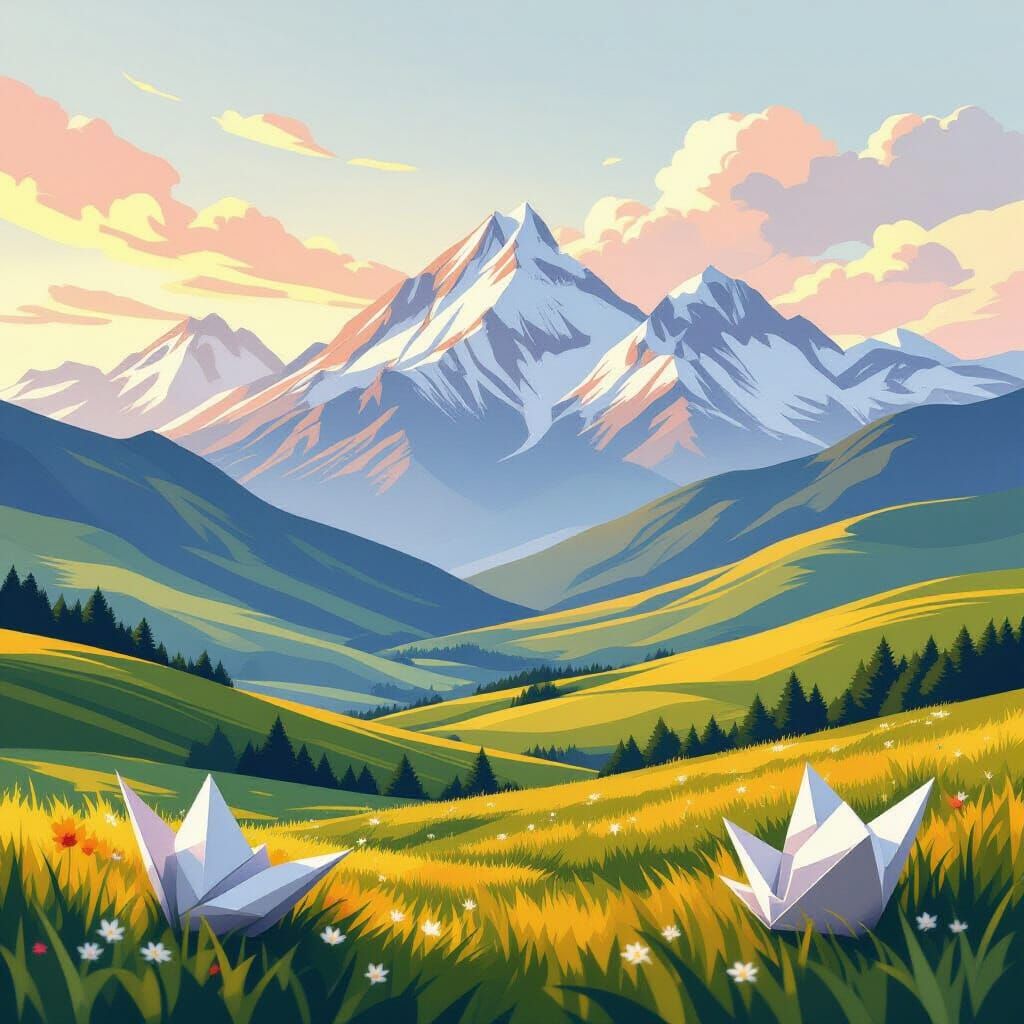 Serene Landscape with Origami Elements in Digital Art Style