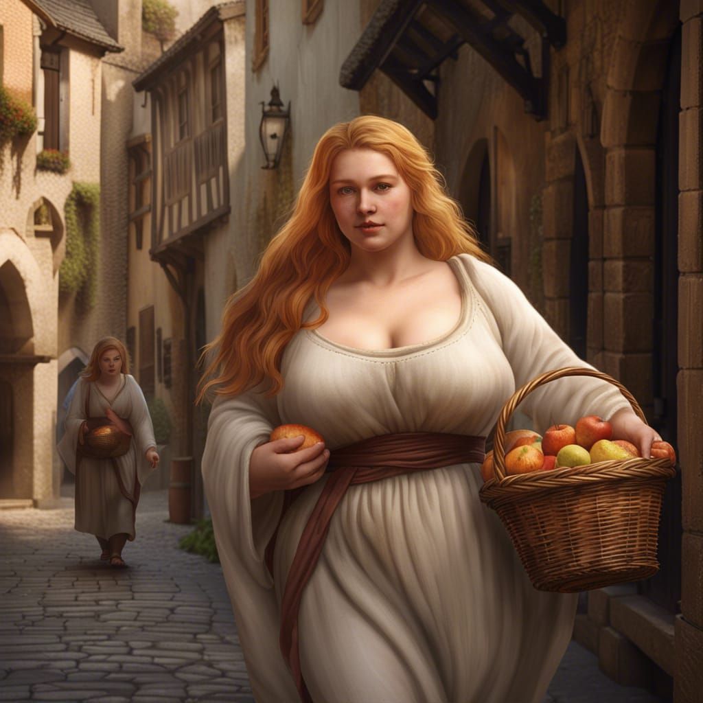 Goddess Walks Down Medieval Street in Oil Painting