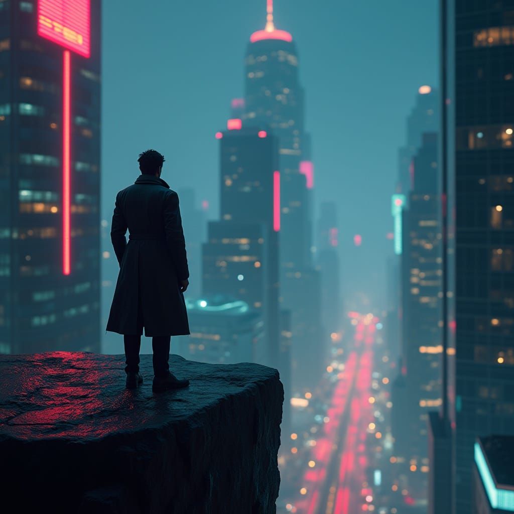 Futuristic Figure Gazes Over Neon Cityscape