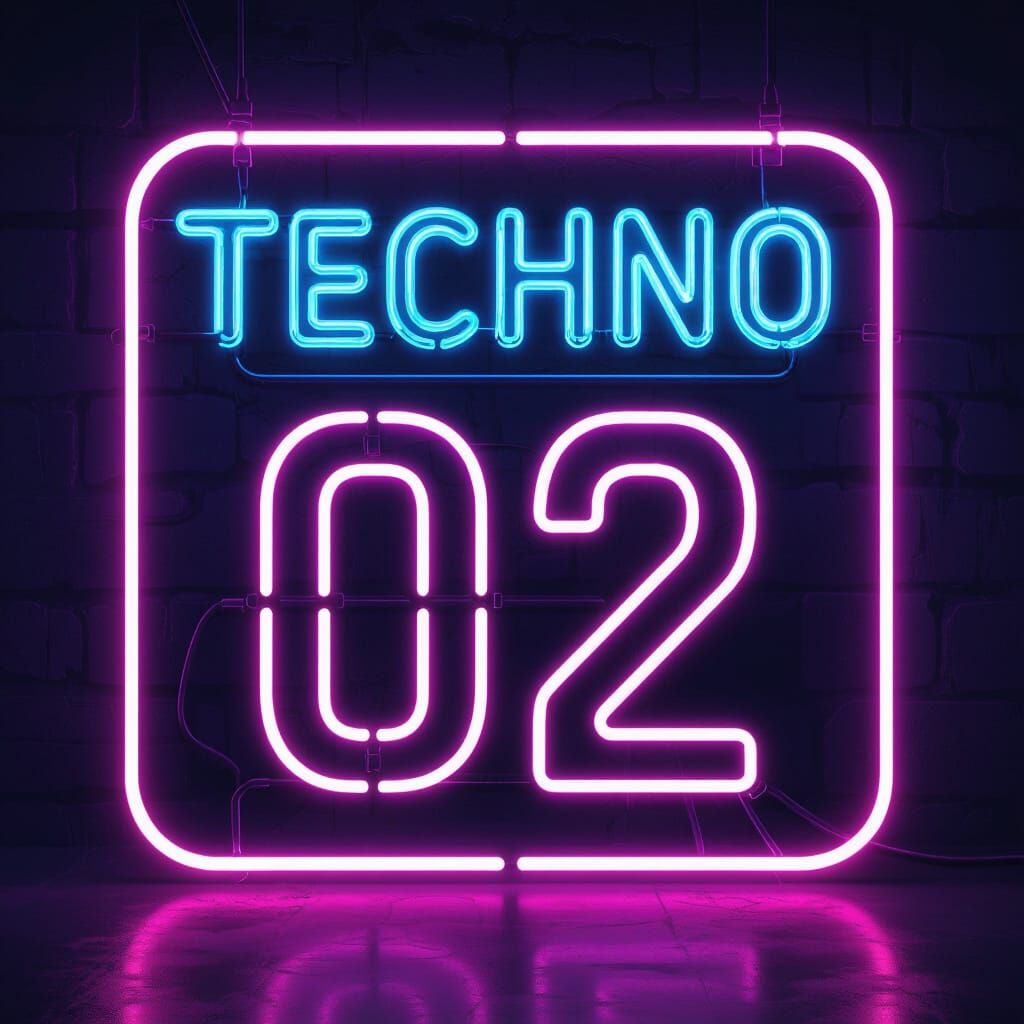 Retro-Futuristic Neon Sign: TECHNO 02 in Synthwave Style