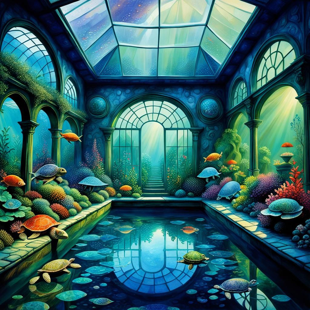 Surreal Greenhouse Pool in Neo-Cubism Style