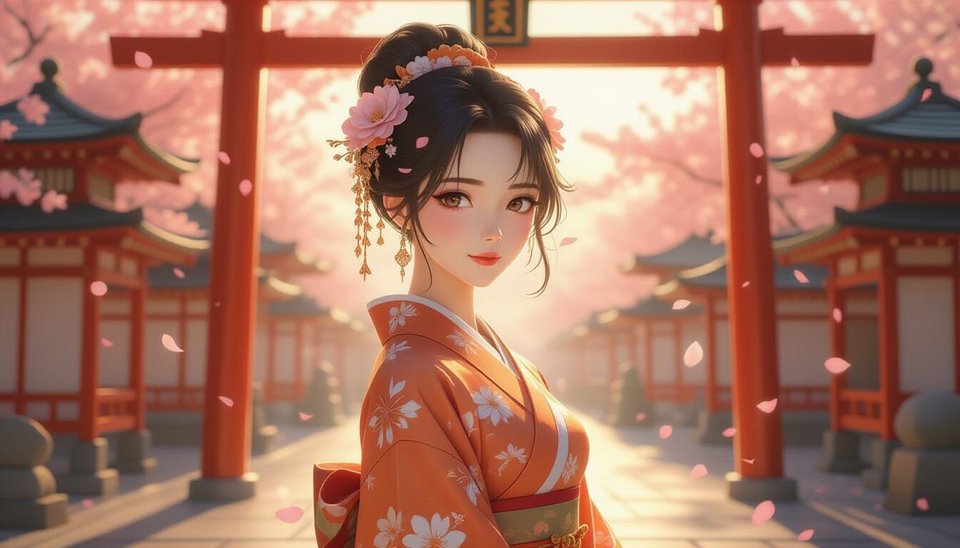 Korean Fantasy Art: Woman with Floral Hair Under Torii Gate