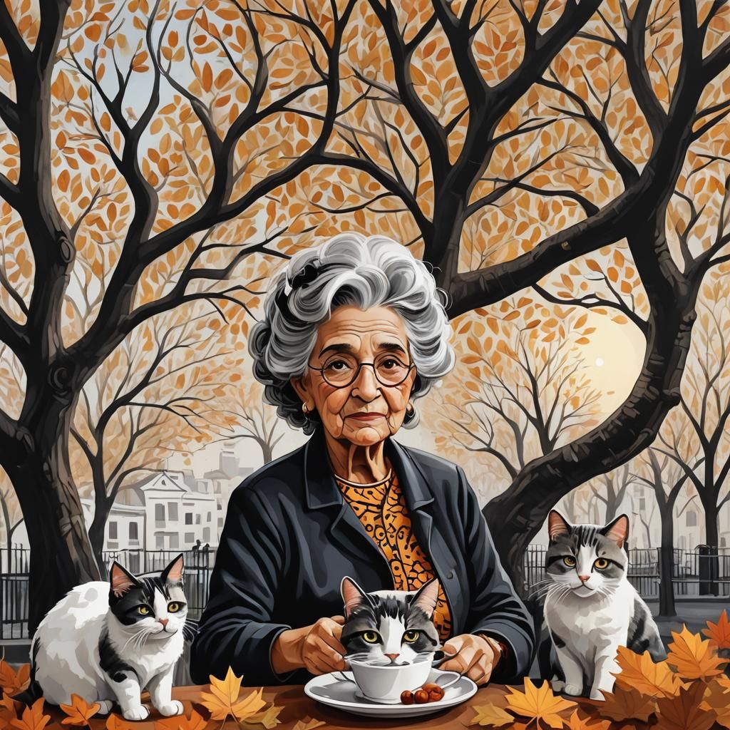 Grandmother Remembers Under Autumn Tree at Sunset