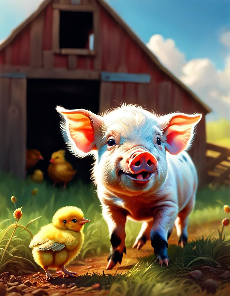 baby pig playing with a baby chick on an farm