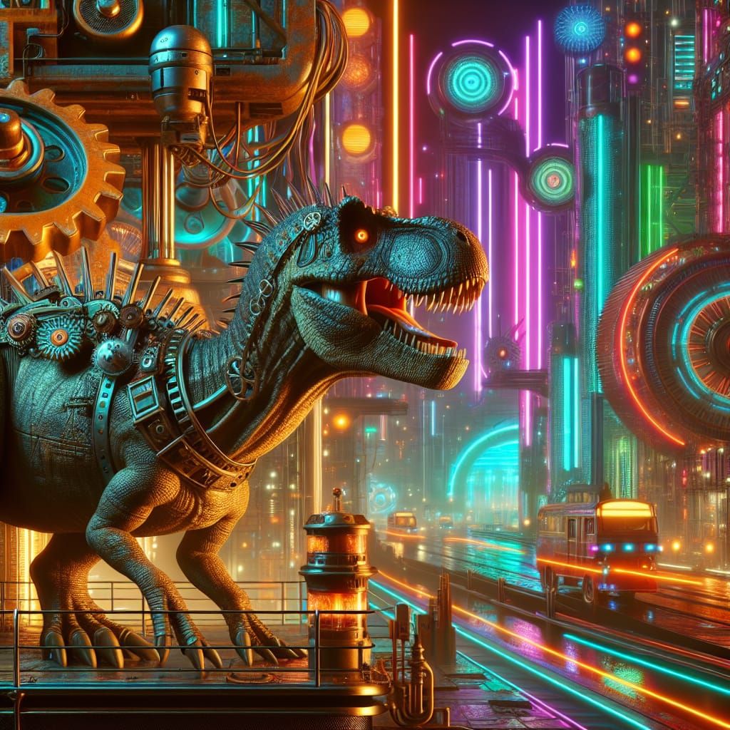 Dinosaur Emerges in a Futuristic Steampunk Metropolis