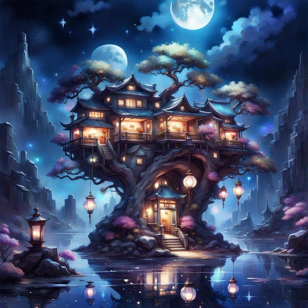 Clockpunk Elf Village in Crystal Bonsai with Bee Ships