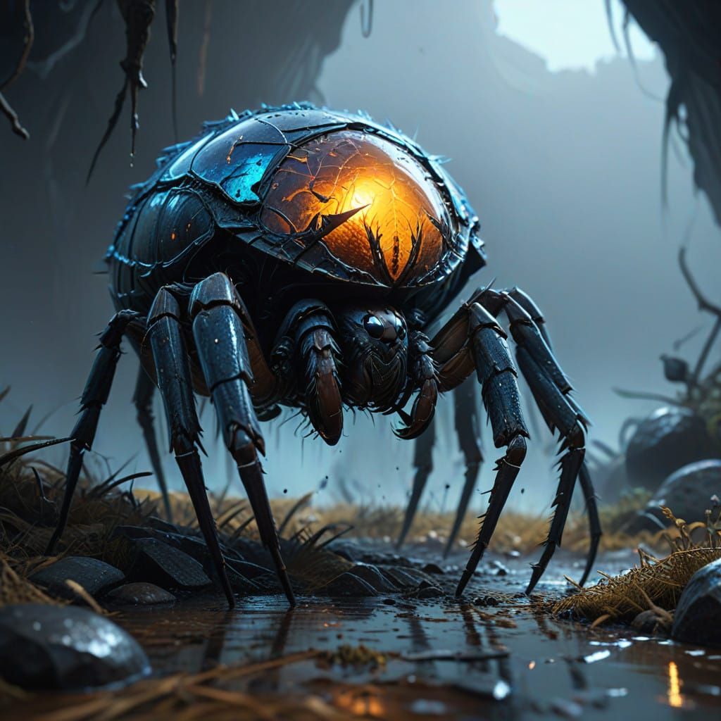 Glowing Spider Lair in Hyper-Realistic Darkness