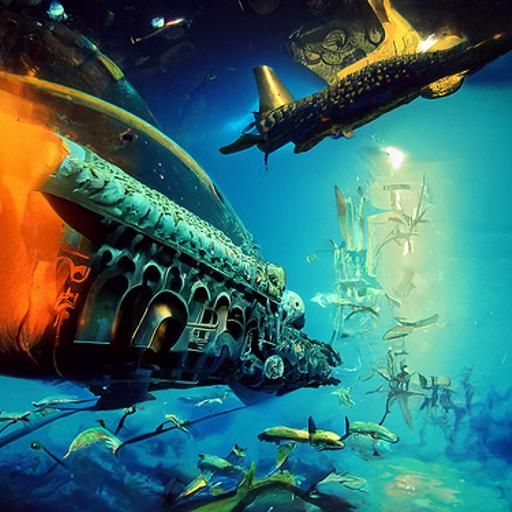 Underwater Atlantis Submarine in Hyperrealistic Style