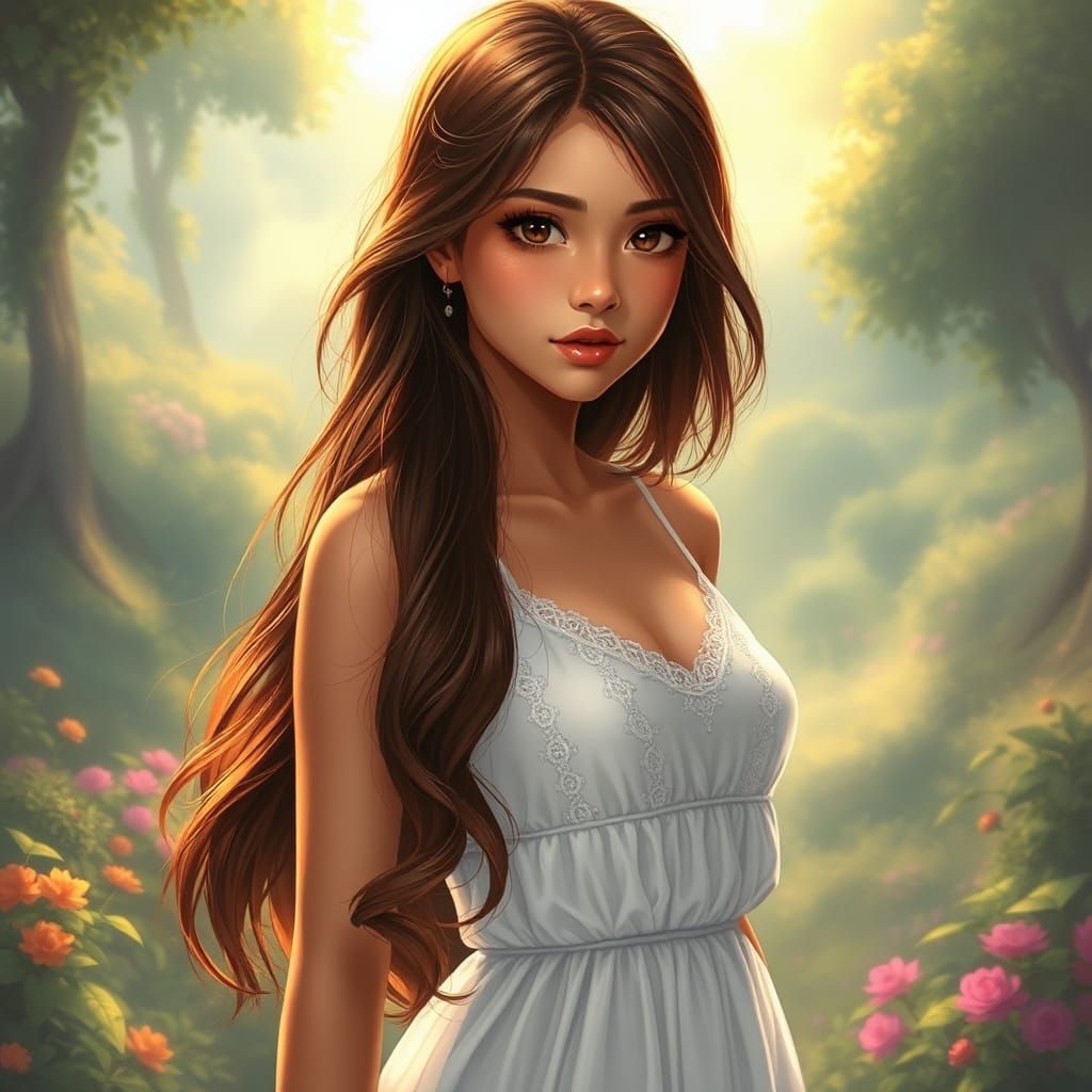 Ethereal Woman in Lush Landscape with Misty Light