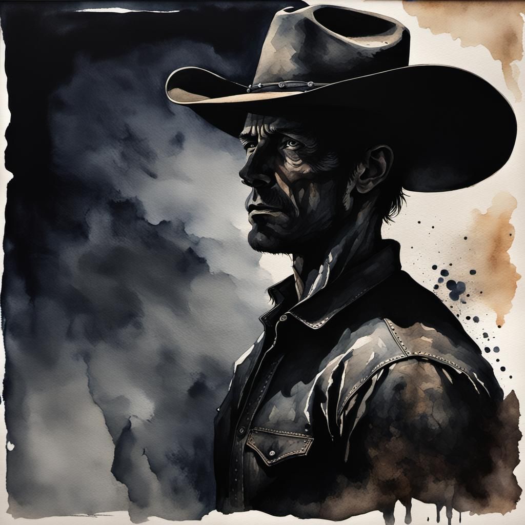 Dark Cowboy Silhouette: Haunting Watercolor Painting