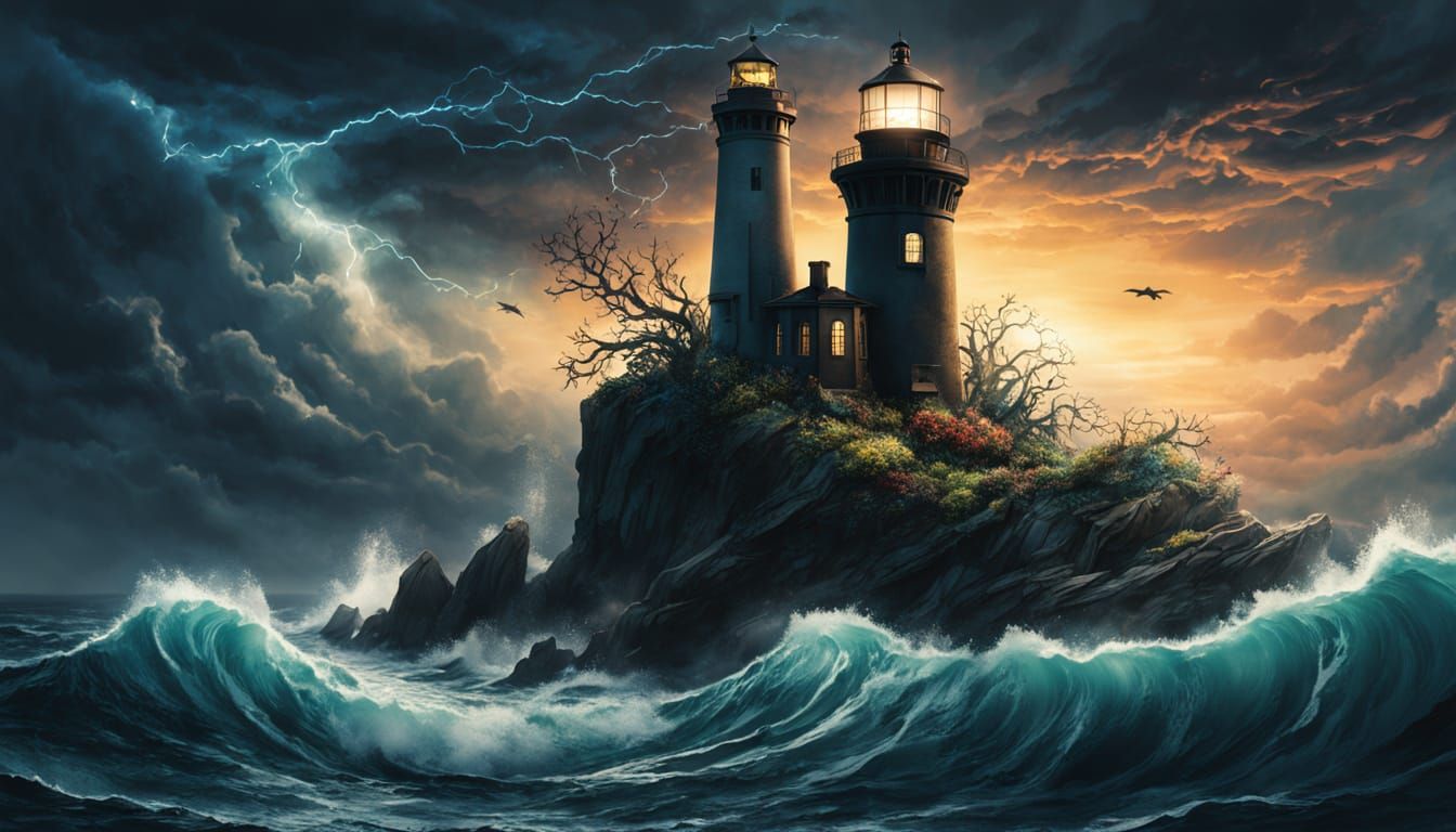 Lighthouse Keeper Tends Giant Bioluminescent Flower