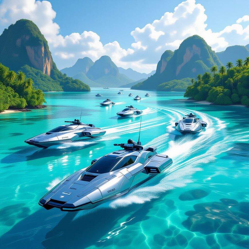 Futuristic Military Patrol Boats Guard Tropical Islands