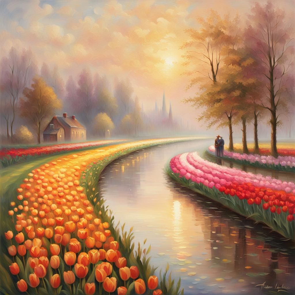 Dutch Canal with Tulips in Dreamy Dutch Realism
