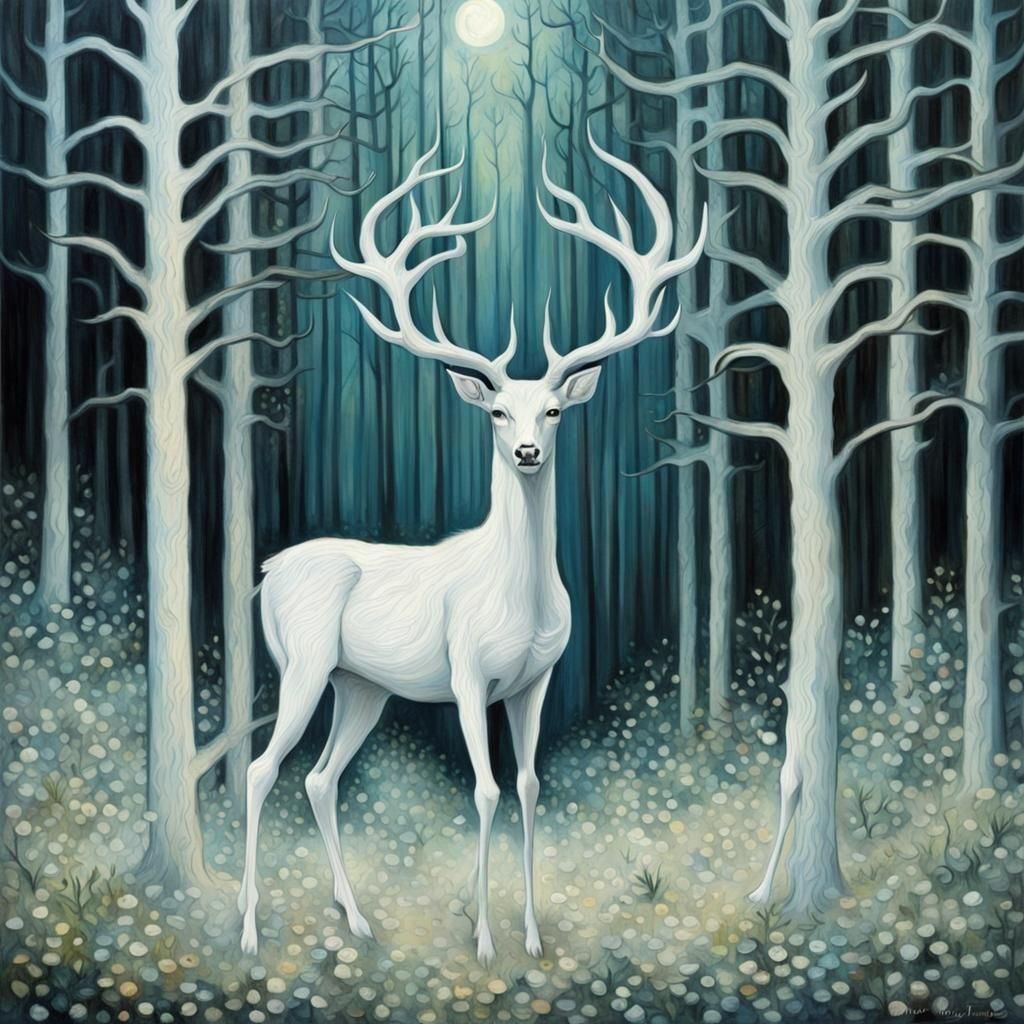 White Deer in Forest: Burton and Van Gogh Styles